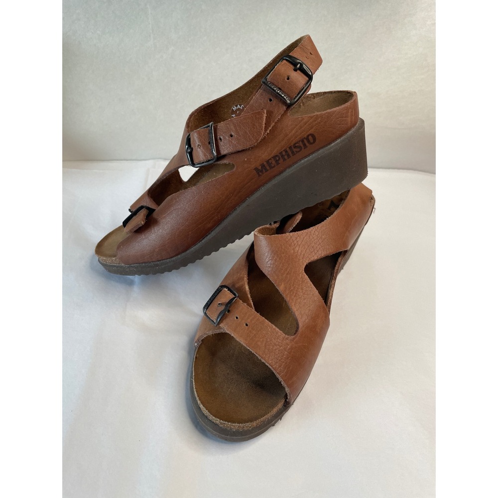 Mephisto Air-Relax Brown Leather Wedge Sandals Made in France Womens 38